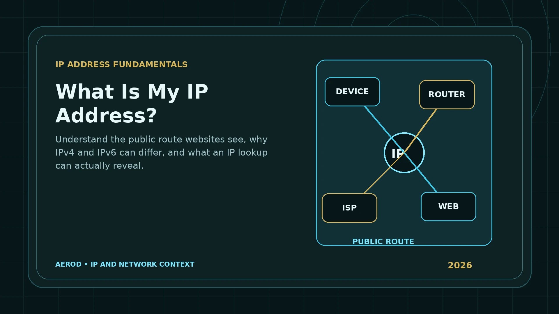 Aerod network diagram showing a device, router, ISP, and website connected through a public IP route